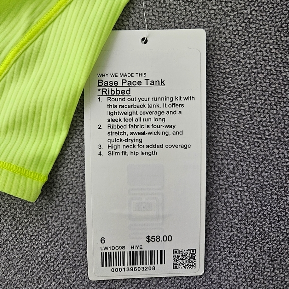 NWT. Lululemon, size 6, neon yellow, base pace tank - Picture 4 of 4